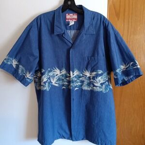 RJC Hawaiian Men's Short Sleeve Blue White Button Up Shirt Made In USA - Size XL